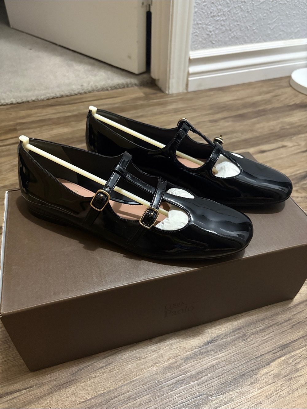 Paolo Black Patent Mary Jane Flats with Double Buckles